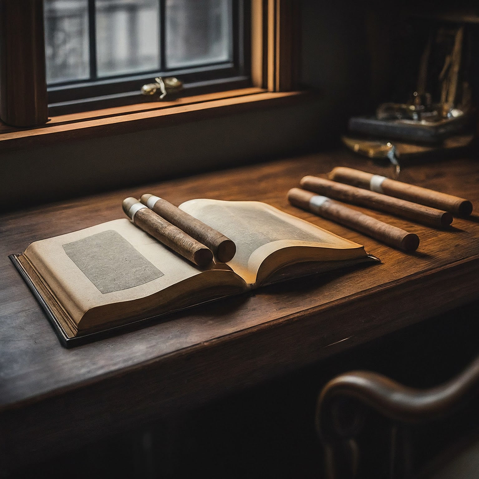 Cigars resting on an open book